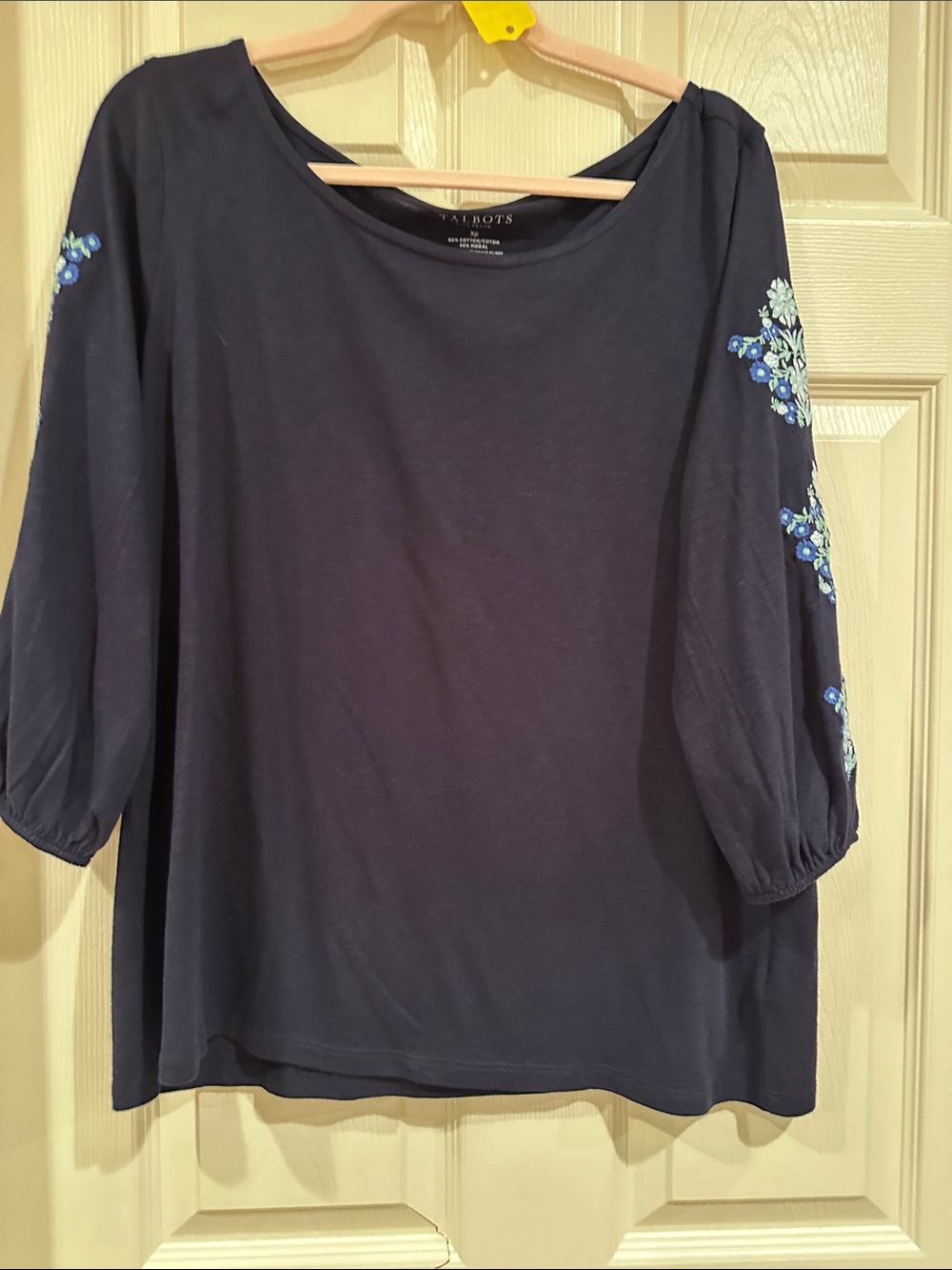 Talbots Navy 3/4 Sleeve Top with Blue Floral Embroidery